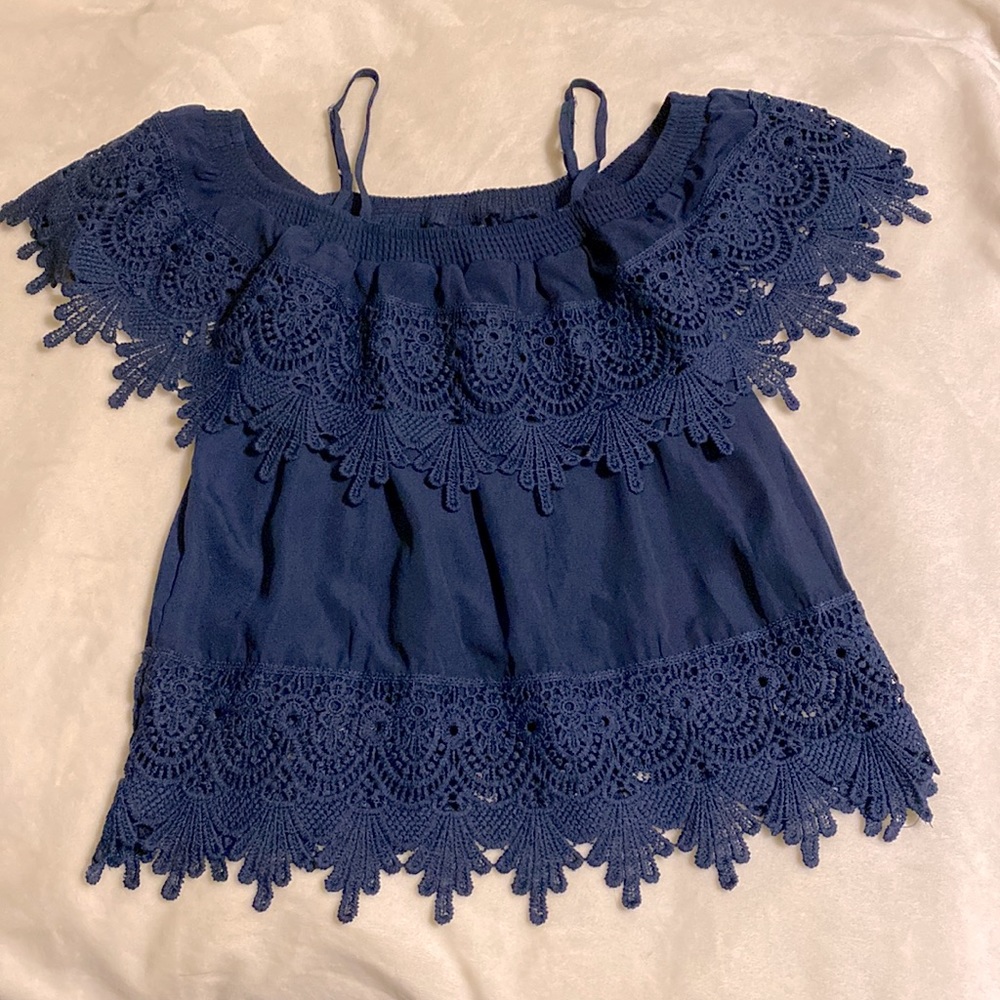 Navy blue lace off the shoulder blouse